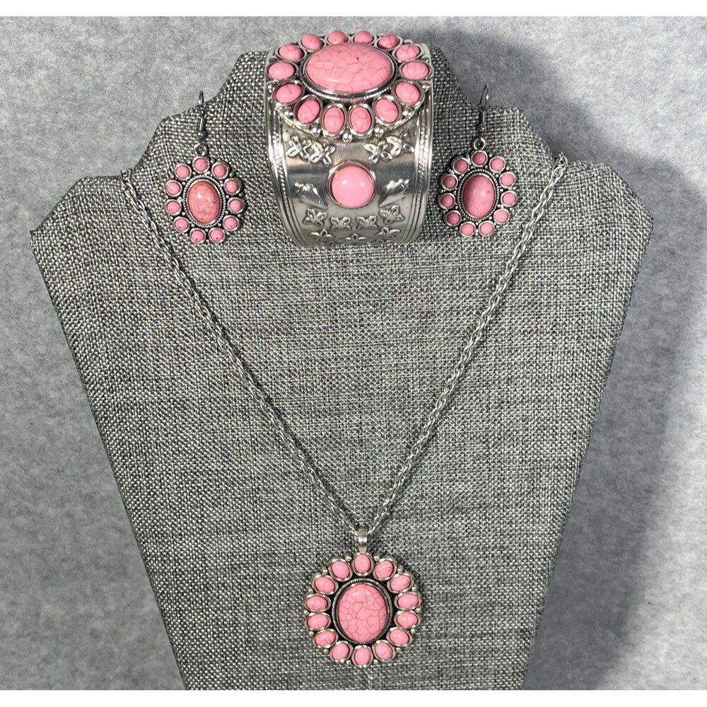 Howlite Jewelry Set Flower Earrings Cuff Bracelet Pendant Necklace Western Boho‎ - Picture 2 of 16